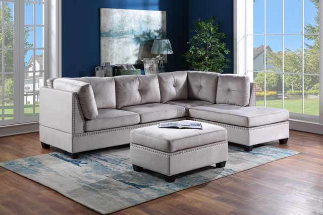 Silver Velvet Sectional + Ottoman