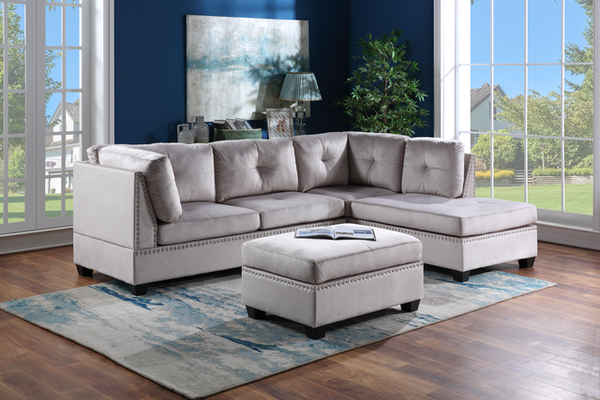 Silver Velvet Sectional + Ottoman